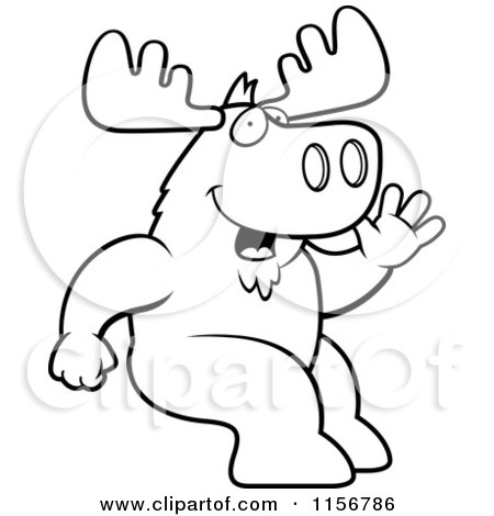 Cartoon Clipart Of A Black And White Friendly Sitting Moose Waving - Vector Outlined Coloring Page by Cory Thoman