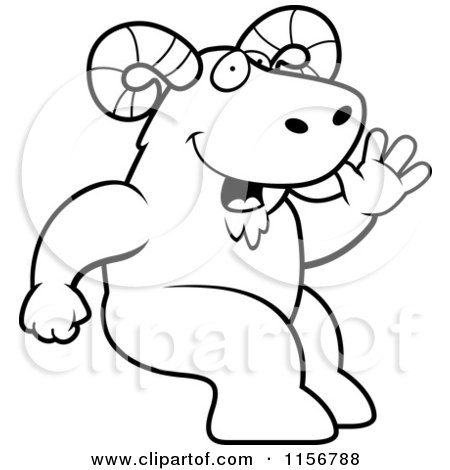 Cartoon Clipart Of A Black And White Friendly Ram Sitting and Waving - Vector Outlined Coloring Page by Cory Thoman