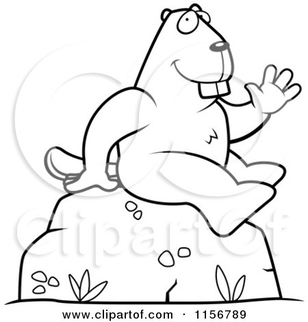 Cartoon Clipart Of A Black And White Friendly Beaver Sitting and Waving - Vector Outlined Coloring Page by Cory Thoman