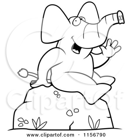 Cartoon Clipart Of A Black And White Friendly Sitting Elephant Waving - Vector Outlined Coloring Page by Cory Thoman
