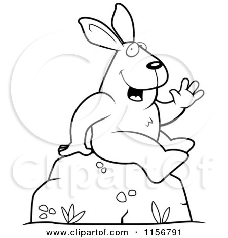Cartoon Clipart Of A Black And White Rabbit Sitting And Waving - Vector Outlined Coloring Page by Cory Thoman
