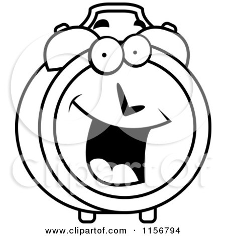 Cartoon Clipart Of A Black And White Happy Smiling Alarm Clock Character - Vector Outlined Coloring Page by Cory Thoman