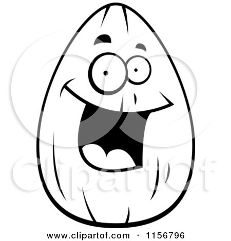 Cartoon Clipart Of A Black And White Happy Smiling Almond - Vector Outlined Coloring Page by Cory Thoman