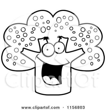 Cartoon Clipart Of A Black And White Happy Smiling Broccoli - Vector Outlined Coloring Page by Cory Thoman