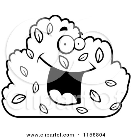 Cartoon Clipart Of A Black And White Happy Smiling Shrub Character - Vector Outlined Coloring Page by Cory Thoman