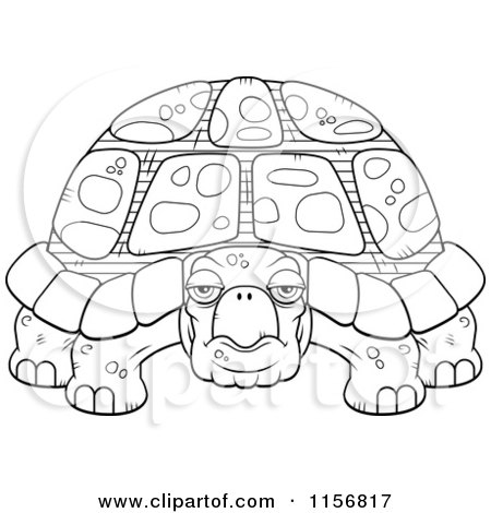 Cartoon Clipart Of A Black And White Grumpy Old Tortoise - Vector Outlined Coloring Page by Cory Thoman