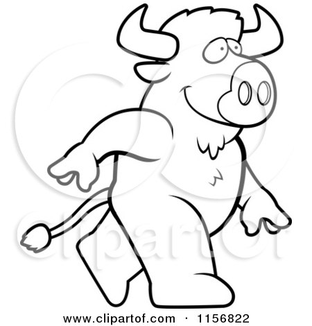 Cartoon Clipart Of A Black And White Buffalo Walking Upright - Vector Outlined Coloring Page by Cory Thoman