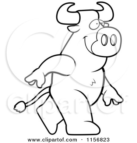 Cartoon Clipart Of A Black And White Bull Walking Upright - Vector Outlined Coloring Page by Cory Thoman