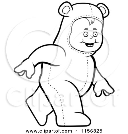 Cartoon Clipart Of A Black And White Toddler Walking in a Bear Costume - Vector Outlined Coloring Page by Cory Thoman