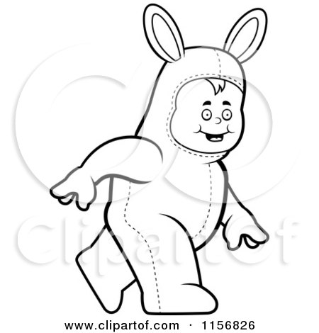 Cartoon Clipart Of A Black And White Toddler Walking in a Rabbit Costume - Vector Outlined Coloring Page by Cory Thoman