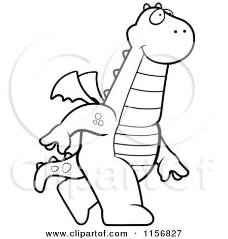 Cartoon Clipart Of A Black And White Dragon Walking Upright - Vector Outlined Coloring Page by Cory Thoman
