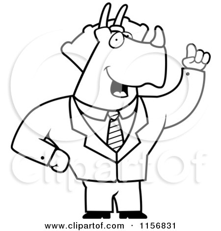 Cartoon Clipart Of A Black And White Business Triceratops with an Idea - Vector Outlined Coloring Page by Cory Thoman