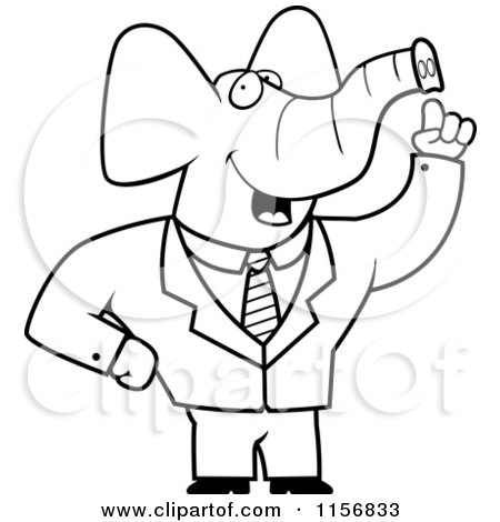Cartoon Clipart Of A Black And White Talking Elephant in a Suit - Vector Outlined Coloring Page by Cory Thoman