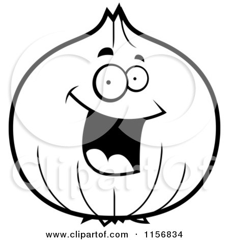 Cartoon Clipart Of A Black And White Happy Onion Character - Vector Outlined Coloring Page by Cory Thoman