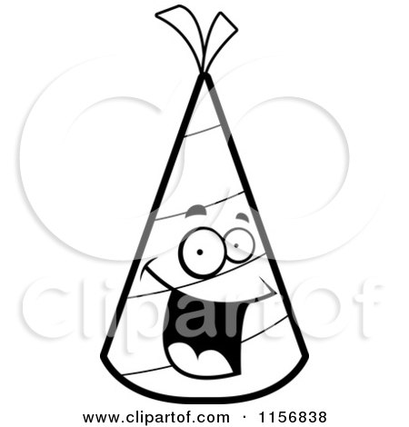 Cartoon Clipart Of A Black And White Happy Smiling Party Hat Character - Vector Outlined Coloring Page by Cory Thoman