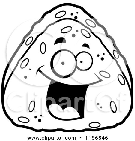 Cartoon Clipart Of A Black And White Grinning Rice Ball - Vector Outlined Coloring Page by Cory Thoman
