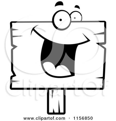 Cartoon Clipart Of A Black And White Happy Smiling Wood Sign Character - Vector Outlined Coloring Page by Cory Thoman