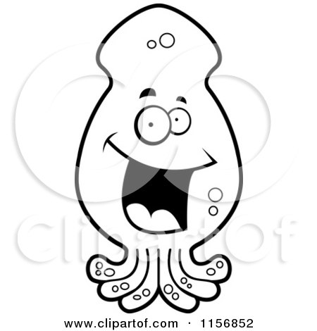 Cartoon Clipart Of A Black And White Happy Smiling Squid Face - Vector Outlined Coloring Page by Cory Thoman