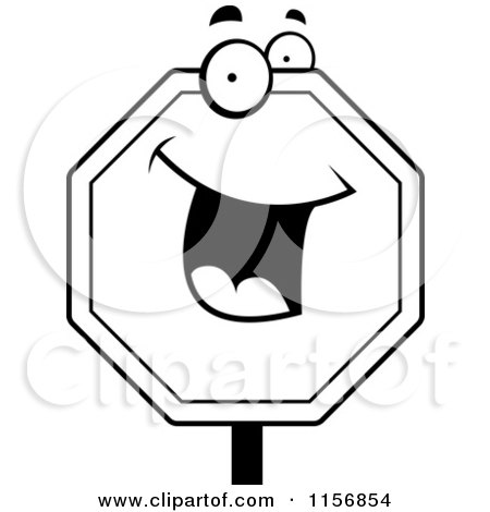 Cartoon Clipart Of A Black And White Happy Stop Sign Character - Vector Outlined Coloring Page by Cory Thoman