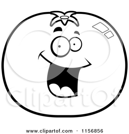 Cartoon Clipart Of A Black And White Happy Tomato Character - Vector Outlined Coloring Page by Cory Thoman