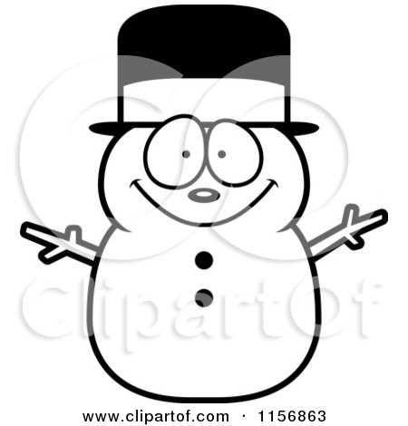 Cartoon Clipart Of A Black And White Happy Snowman with a Hat - Vector Outlined Coloring Page by Cory Thoman