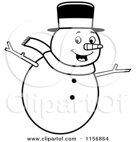 Cartoon Clipart Of A Black And White Happy Snowman Holding His Stick Arms out - Vector Outlined Coloring Page by Cory Thoman
