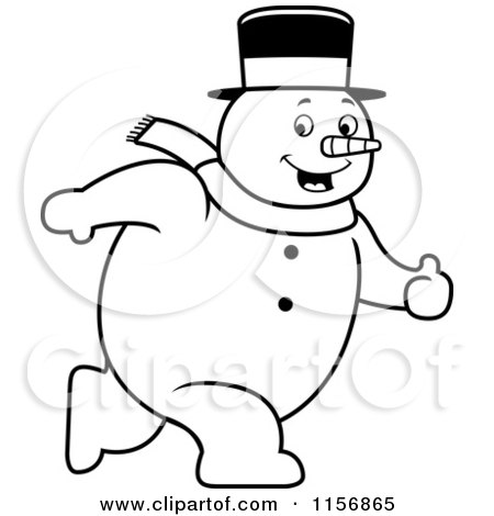 Cartoon Clipart Of A Black And White Plump Walking Snowman - Vector Outlined Coloring Page by Cory Thoman