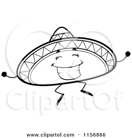 Cartoon Clipart Of A Black And White Jumping Sombrero Hat Mascot - Vector Outlined Coloring Page by Cory Thoman