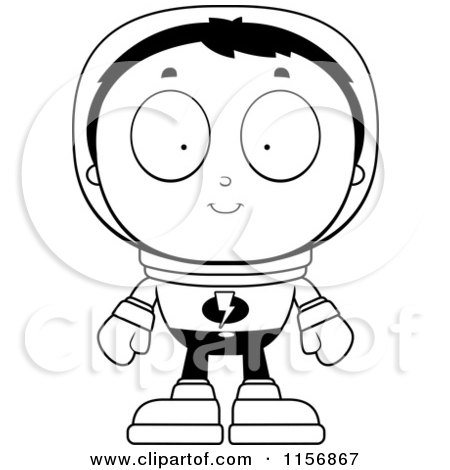 Cartoon Clipart Of A Black And White Space Ranger Boy in a Pressure Suit - Vector Outlined Coloring Page by Cory Thoman