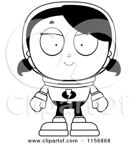 Cartoon Clipart Of A Black And White Astronaut Girl - Vector Outlined Coloring Page by Cory Thoman