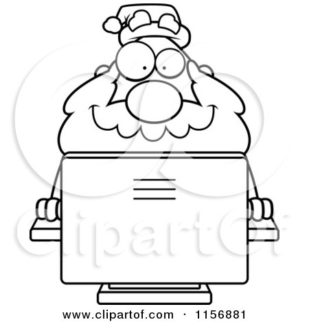 Cartoon Clipart Of A Black And White Plump Santa Using a Desktop Computer - Vector Outlined Coloring Page by Cory Thoman