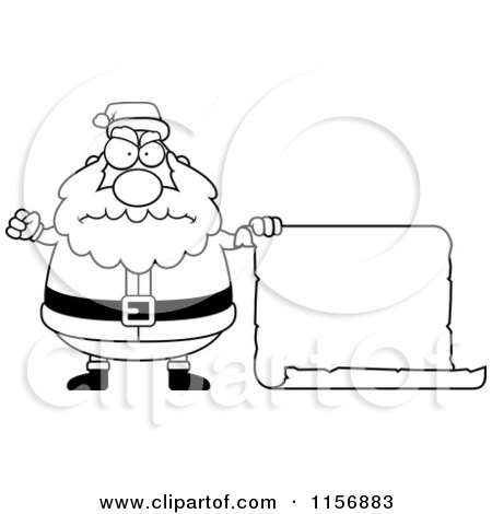 Cartoon Clipart Of A Black And White Plump Angry Santa with a Blank Scroll Sign - Vector Outlined Coloring Page by Cory Thoman