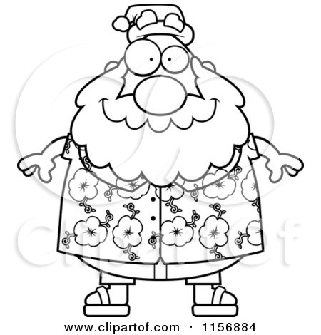 Cartoon Clipart Of A Black And White Chubby Santa in a Hawaiian Shirt - Vector Outlined Coloring Page by Cory Thoman