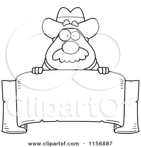 Cartoon Clipart Of A Black And White Sheriff Looking over a Blank Banner - Vector Outlined Coloring Page by Cory Thoman