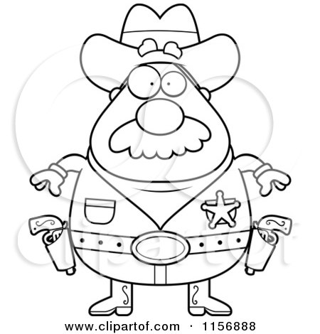 Cartoon Clipart Of A Black And White Plump Sheriff Ready to Draw His Pistols - Vector Outlined Coloring Page by Cory Thoman