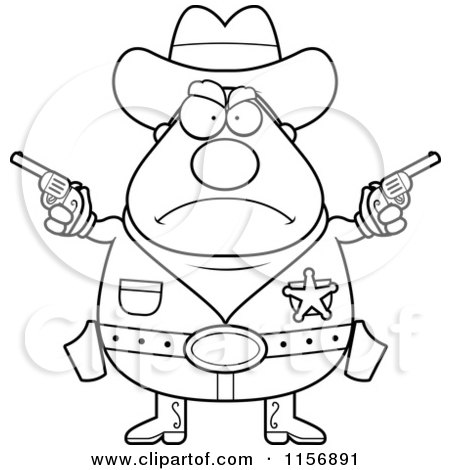 Cartoon Clipart Of A Black And White Tough Plump Sheriff Holding Pistols - Vector Outlined Coloring Page by Cory Thoman