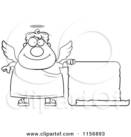 Cartoon Clipart Of A Black And White Plump Male Angel with a Blank Scroll Sign - Vector Outlined Coloring Page by Cory Thoman
