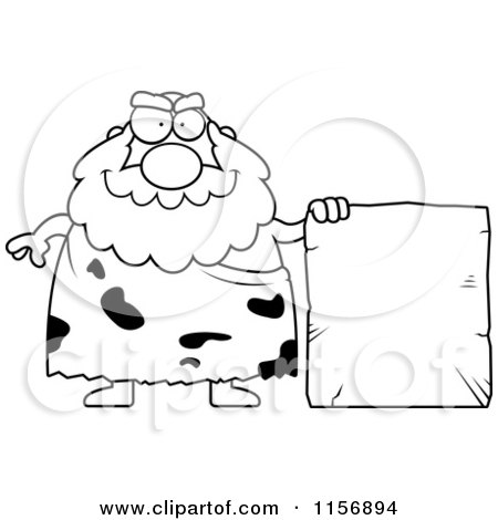 Cartoon Clipart Of A Black And White Chubby Caveman by a Blank Stone Sign - Vector Outlined Coloring Page by Cory Thoman