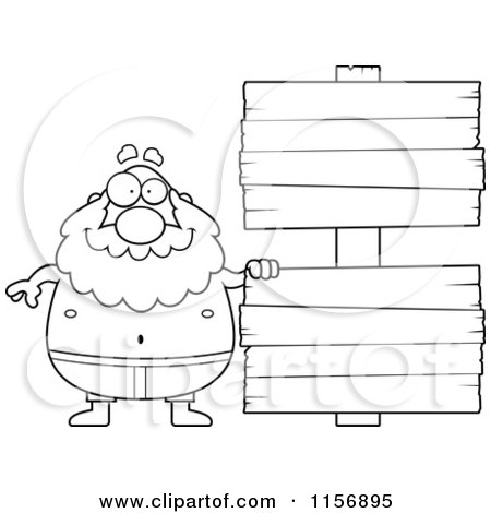 Cartoon Clipart Of A Black And White Pudgy Grandpa Swimmer with a Sign - Vector Outlined Coloring Page by Cory Thoman