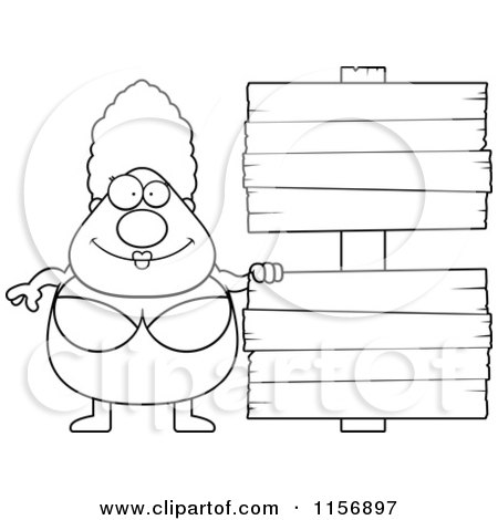 Cartoon Clipart Of A Black And White Pudgy Granny Swimmer with a Sign - Vector Outlined Coloring Page by Cory Thoman