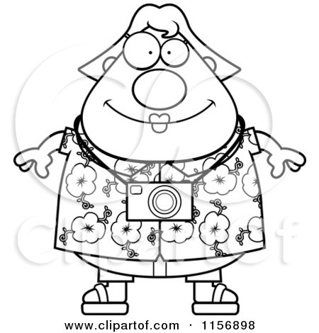Cartoon Clipart Of A Black And White Plump Female Tourist - Vector Outlined Coloring Page by Cory Thoman