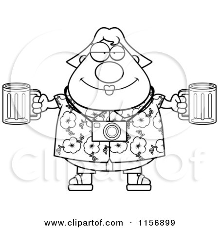 Cartoon Clipart Of A Black And White Plump Female Tourist Holding Beer - Vector Outlined Coloring Page by Cory Thoman