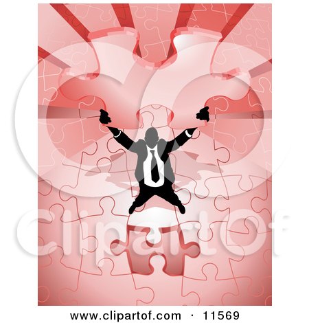 Proud, Successful Businessman Holding up the Last Piece of a Red Jigsaw Puzzle Before Completing it Clipart Illustration by AtStockIllustration