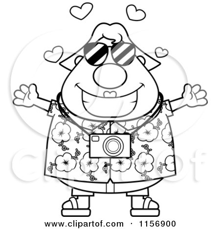 Cartoon Clipart Of A Black And White Plump Female Tourist with Open Arms - Vector Outlined Coloring Page by Cory Thoman