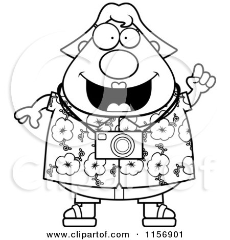 Cartoon Clipart Of A Black And White Plump Female Tourist with an Idea - Vector Outlined Coloring Page by Cory Thoman
