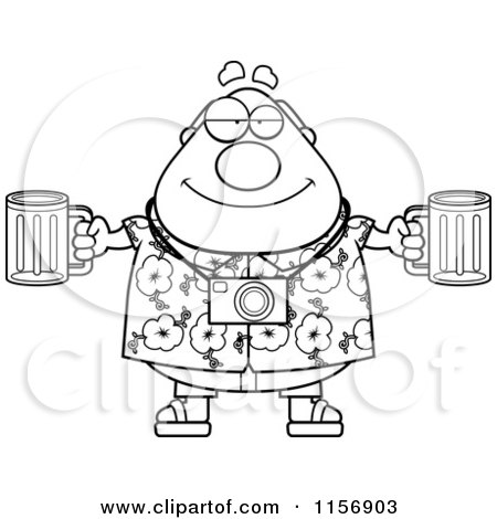 Cartoon Clipart Of A Black And White Tourist Man Holding Beer - Vector Outlined Coloring Page by Cory Thoman