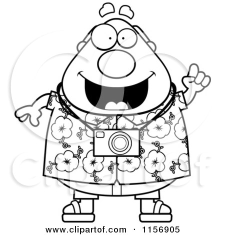 Cartoon Clipart Of A Black And White Chubby Tourist Man with an Idea - Vector Outlined Coloring Page by Cory Thoman
