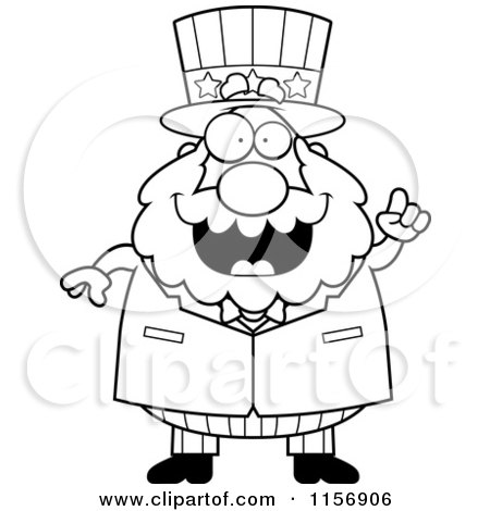 Cartoon Clipart Of A Black And White Chubby Uncle Sam Man with an Idea - Vector Outlined Coloring Page by Cory Thoman