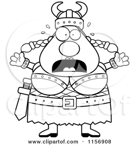 Cartoon Clipart Of A Black And White Fearful Plump Female Viking - Vector Outlined Coloring Page by Cory Thoman