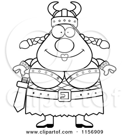 Cartoon Clipart Of A Black And White Plump Female Viking - Vector Outlined Coloring Page by Cory Thoman